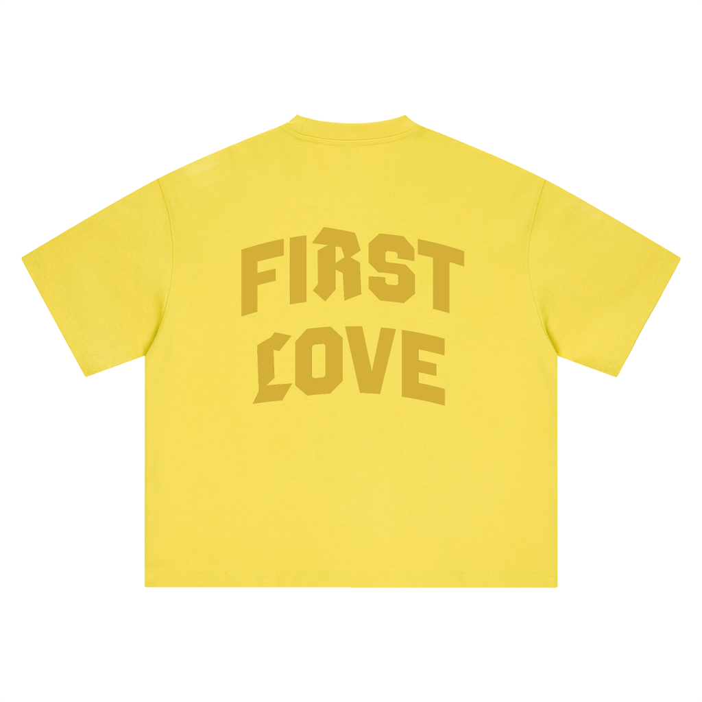 Brazil First Love tee, yellow, ghost mannequin showing First Love back print, back product shot