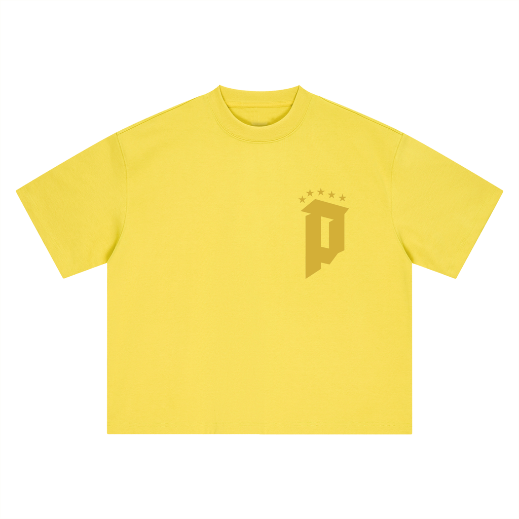 Brazil First Love tee, yellow, ghost mannequin showing five-star P chest graphic, front product shot