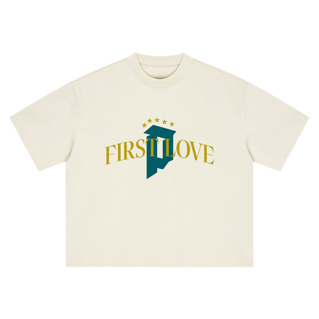 Brazil First Love tee, cream, ghost mannequin showing First Love five-star front graphic, front product shot