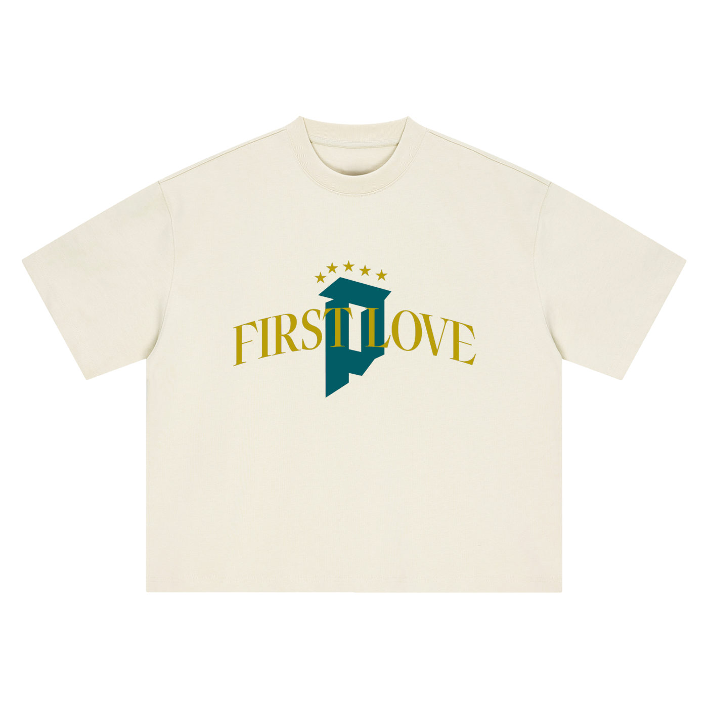 Brazil First Love tee, cream, ghost mannequin showing First Love five-star front graphic, front product shot