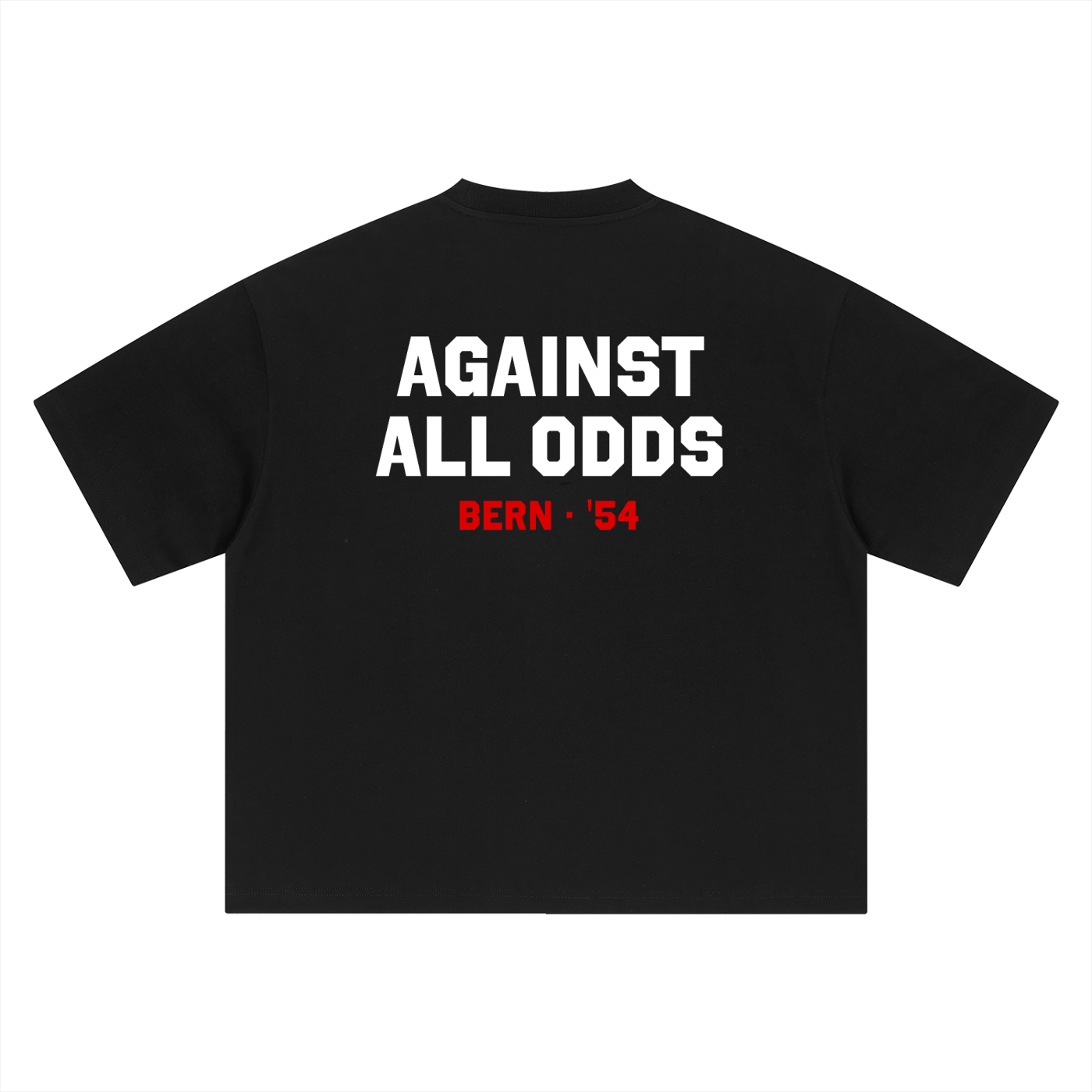 Against All Odds tee, black, ghost product shot showing Against All Odds Bern 54 back print in white and red, back product shot