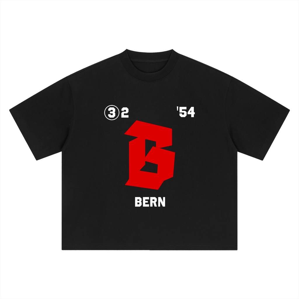 Against All Odds tee, black, ghost product shot showing 3:2 B Bern front print in red and white, front product shot