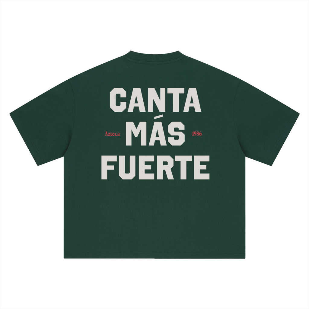 Azteca 12 tee, dark green, ghost mannequin showing Canta Más Fuerte back print, back product shot
