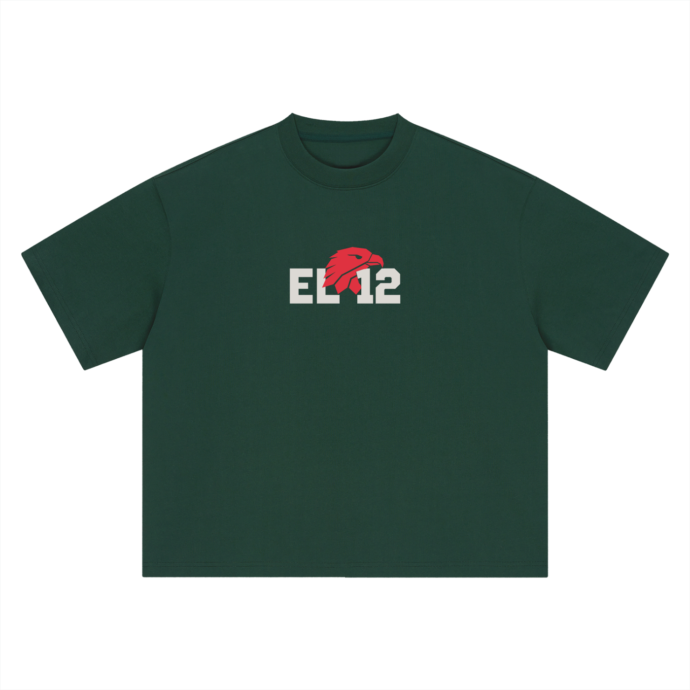 Azteca 12 tee, dark green, ghost mannequin showing El 12 chest graphic, front product shot