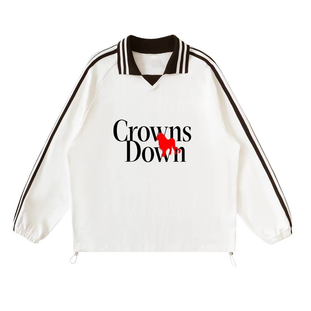 Crowns Down pullover, white, relaxed fit with lapel collar and contrast stripes, front print, product shot