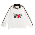Crowns Down pullover, white, relaxed fit with lapel collar and contrast stripes, front print, product shot