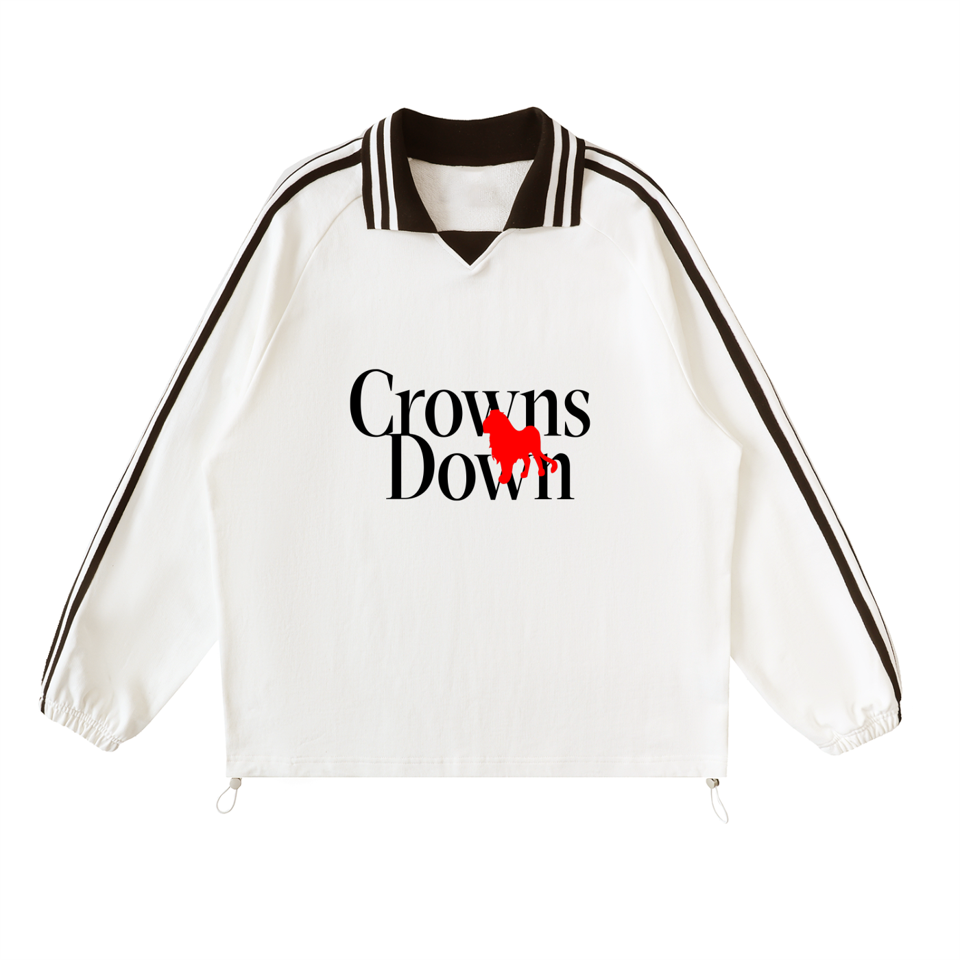 Crowns Down pullover, white, relaxed fit with lapel collar and contrast stripes, front print, product shot