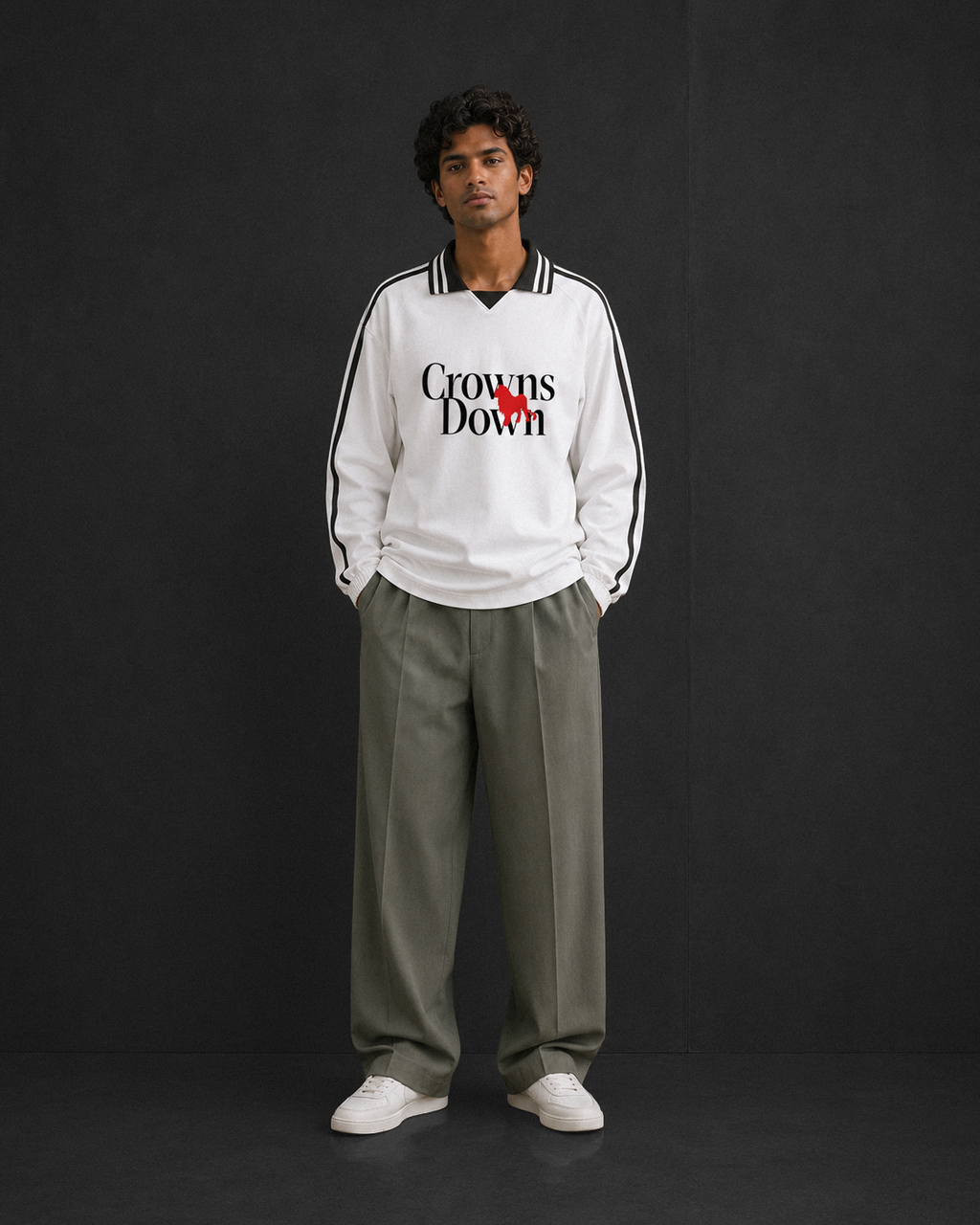 Crowns Down pullover, white, studio shot of model wearing the relaxed-fit pullover