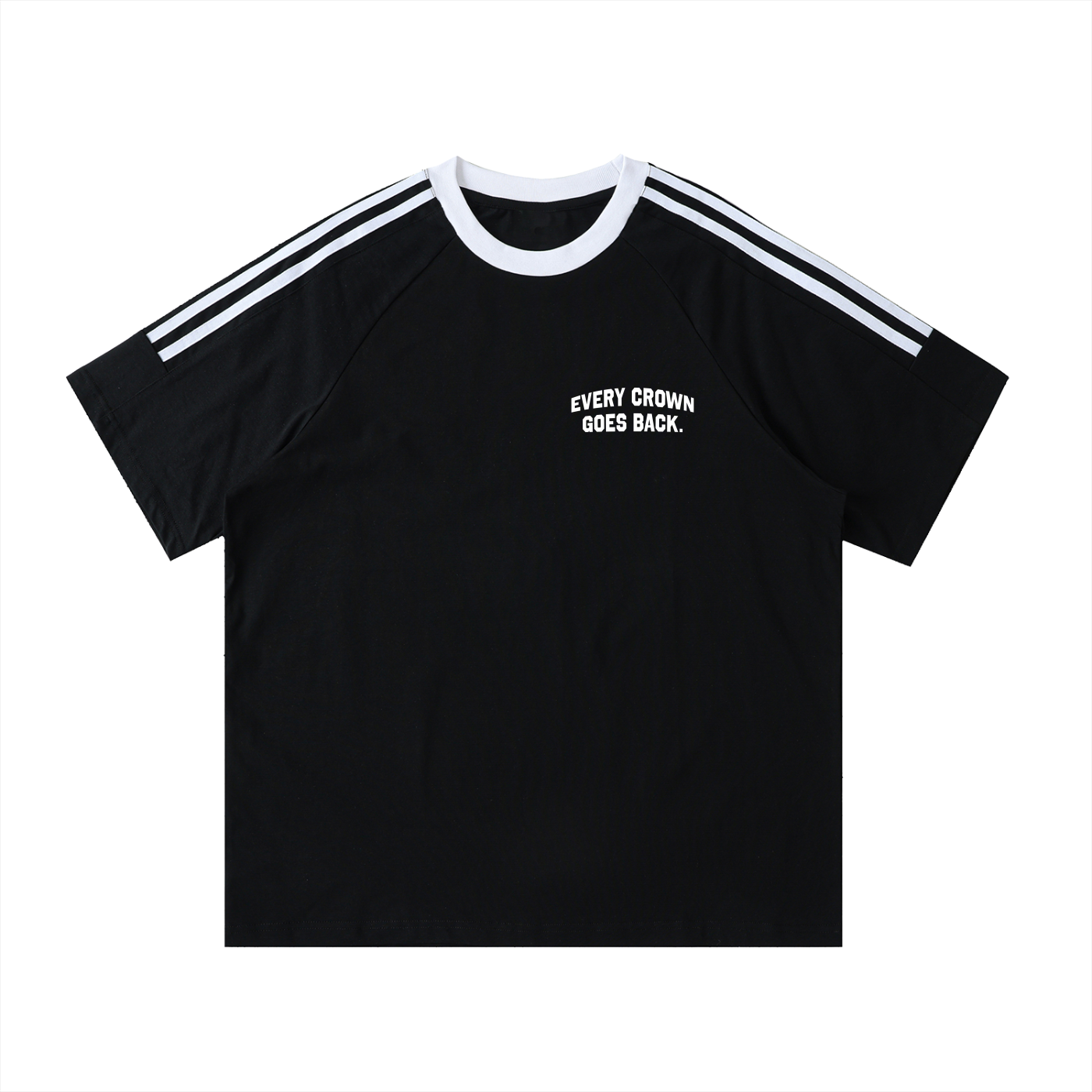 Every Crown Goes Back tee, black, regular fit, front chest print, product shot