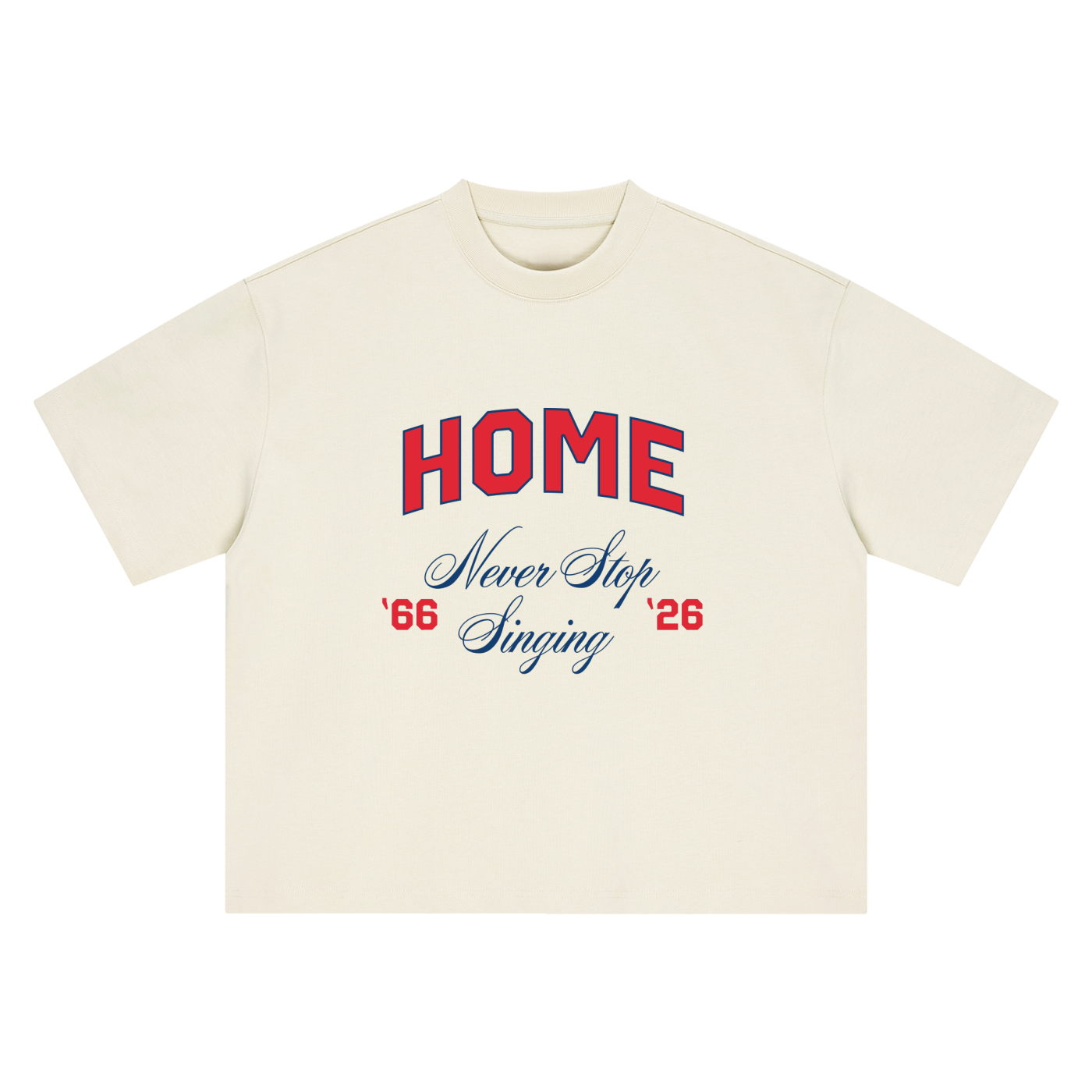 Home tee, cream, ghost product shot showing HOME Never Stop Singing 66 26 front print, front product shot