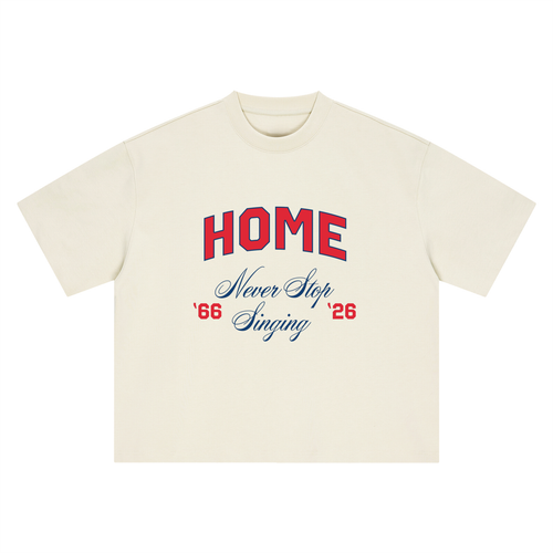 Home tee, cream, ghost product shot showing HOME Never Stop Singing 66 26 front print, front product shot