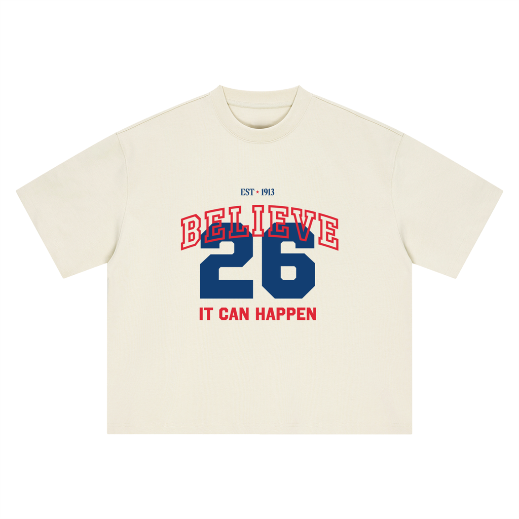 It Can Happen tee, cream, ghost product shot showing Believe 26 It Can Happen front print in red and blue, front product shot