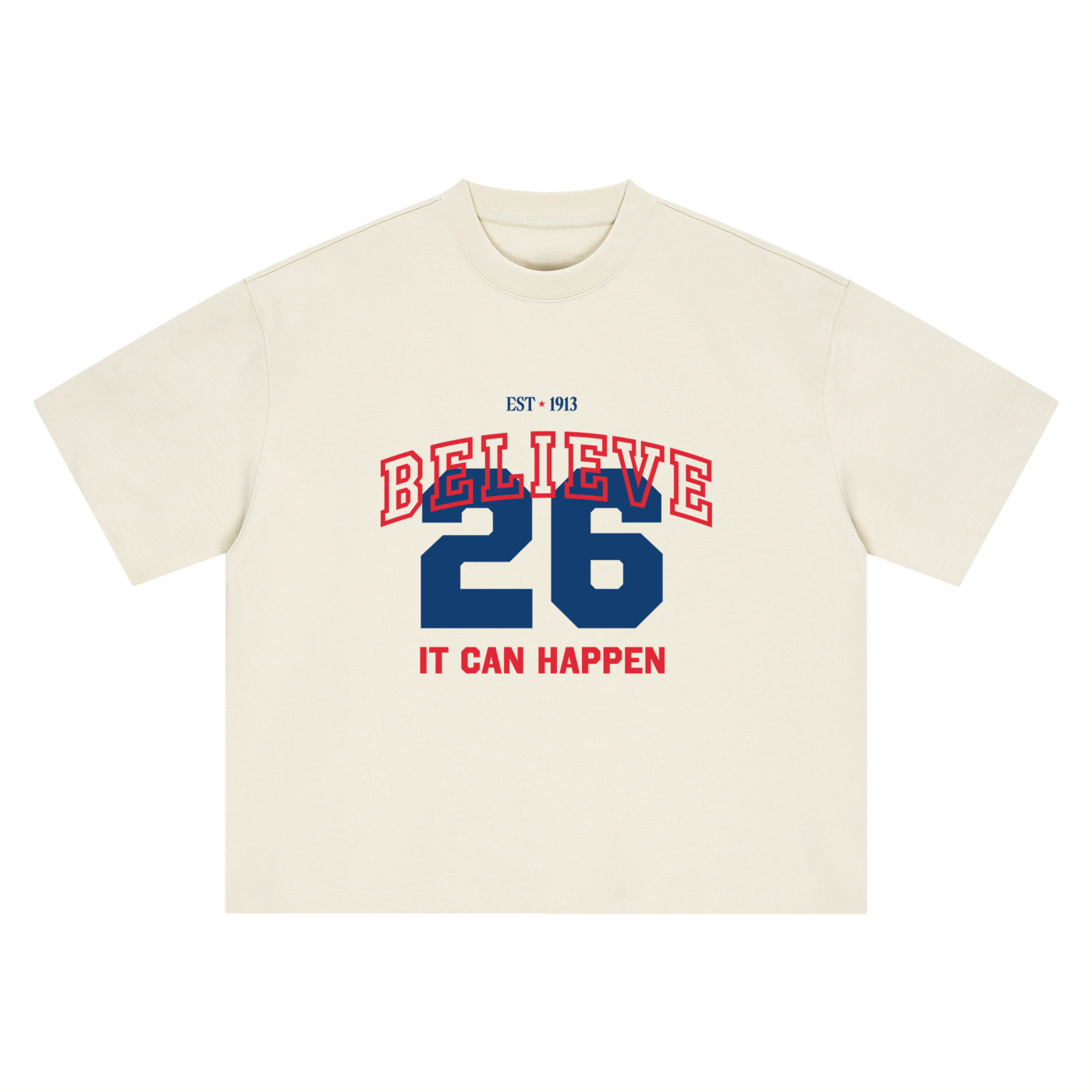 It Can Happen tee, cream, ghost product shot showing Believe 26 It Can Happen front print in red and blue, front product shot