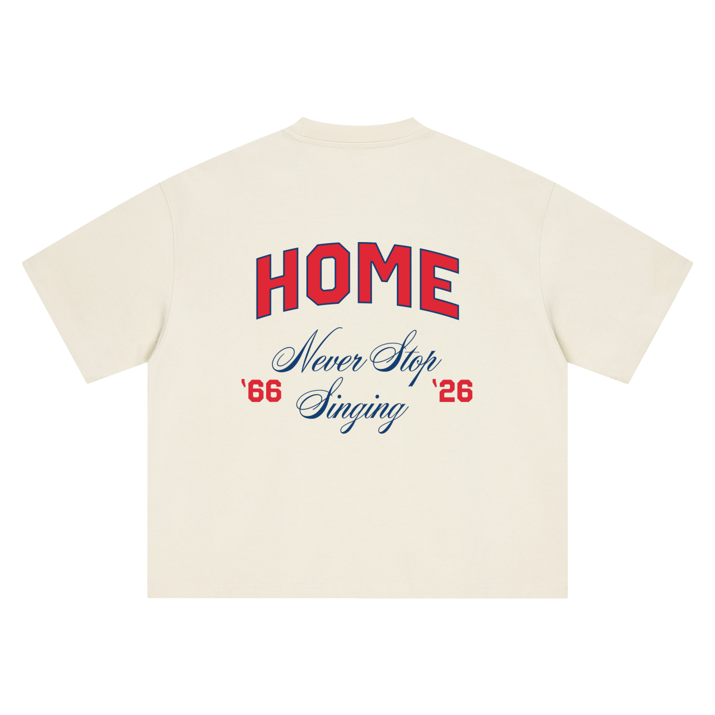 It's Coming tee, cream, ghost product shot showing HOME Never Stop Singing 66 26 back print, back product shot