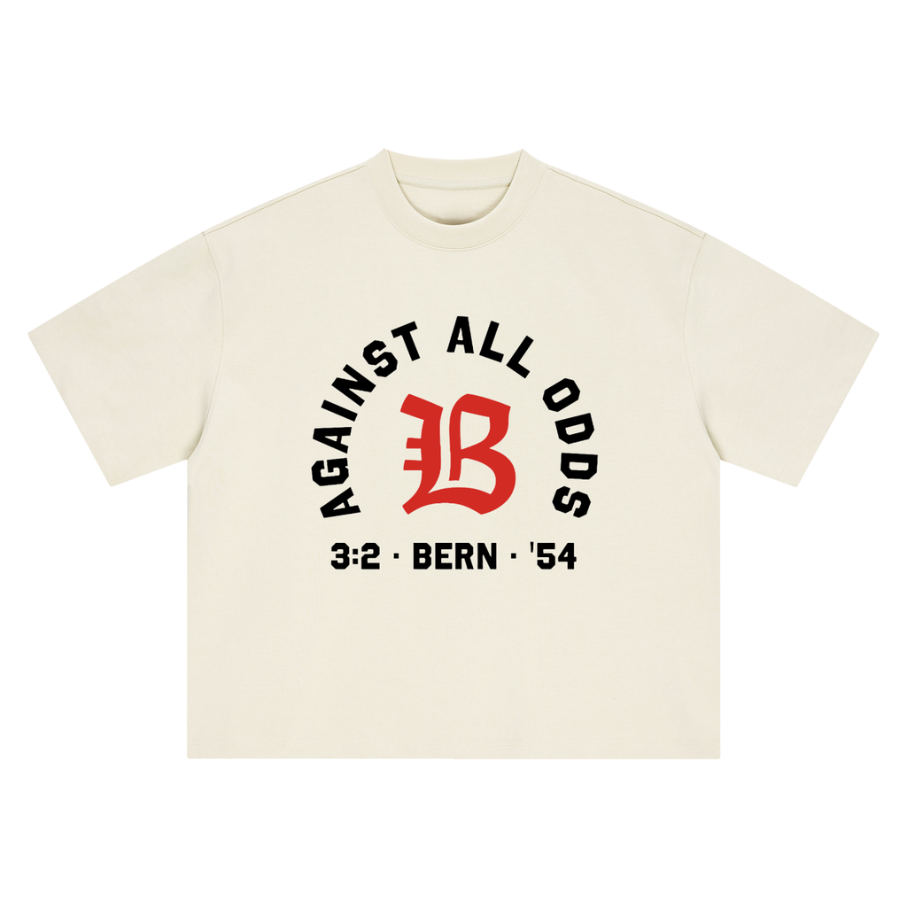 Nobody Believed tee, cream, ghost product shot showing Against All Odds and 3:2 Bern 54 front print, front product shot