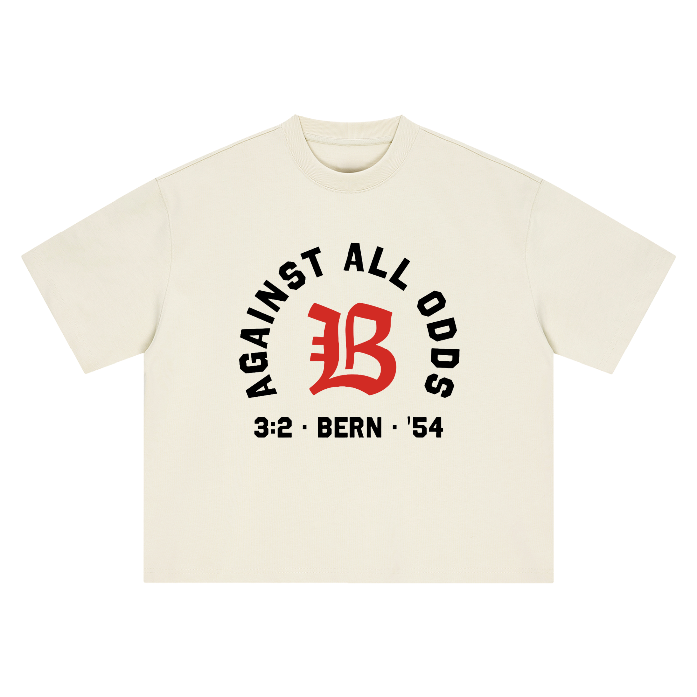 Nobody Believed tee, cream, ghost product shot showing Against All Odds and 3:2 Bern 54 front print, front product shot