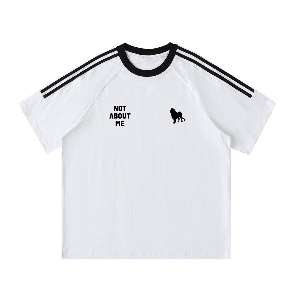 Not About Me tee, white, regular fit with contrast taped shoulders, chest print, product shot
