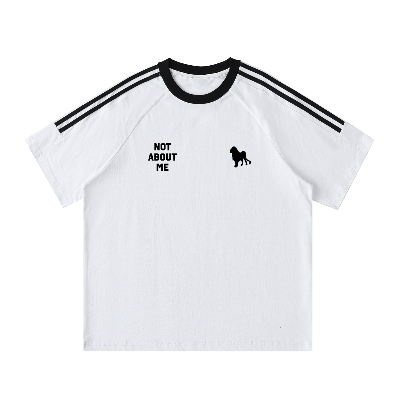 Not About Me tee, white, regular fit with contrast taped shoulders, chest print, product shot
