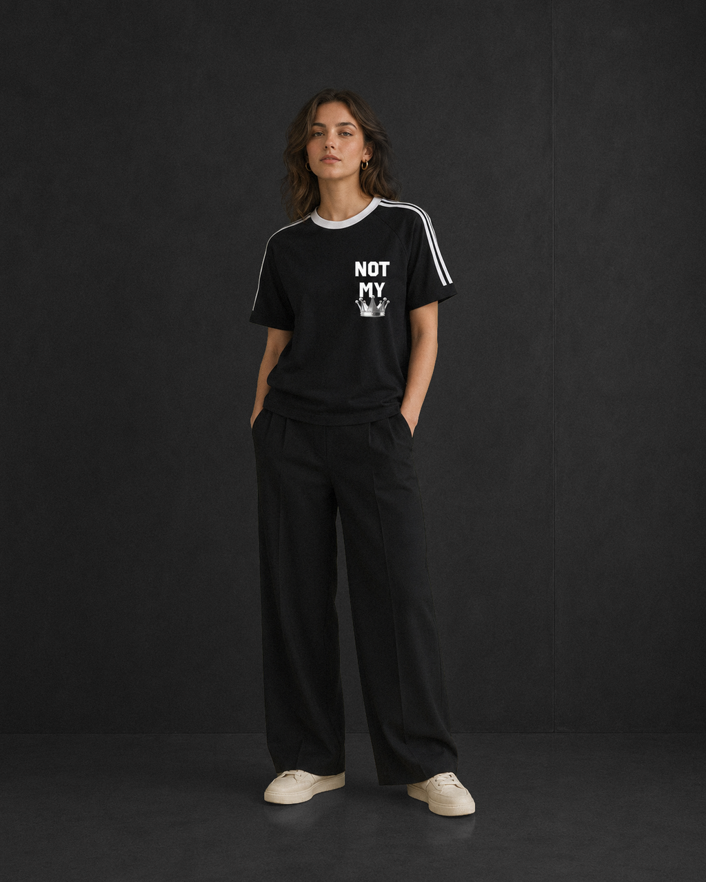 Not My tee, black, studio shot of model wearing the regular-fit tee