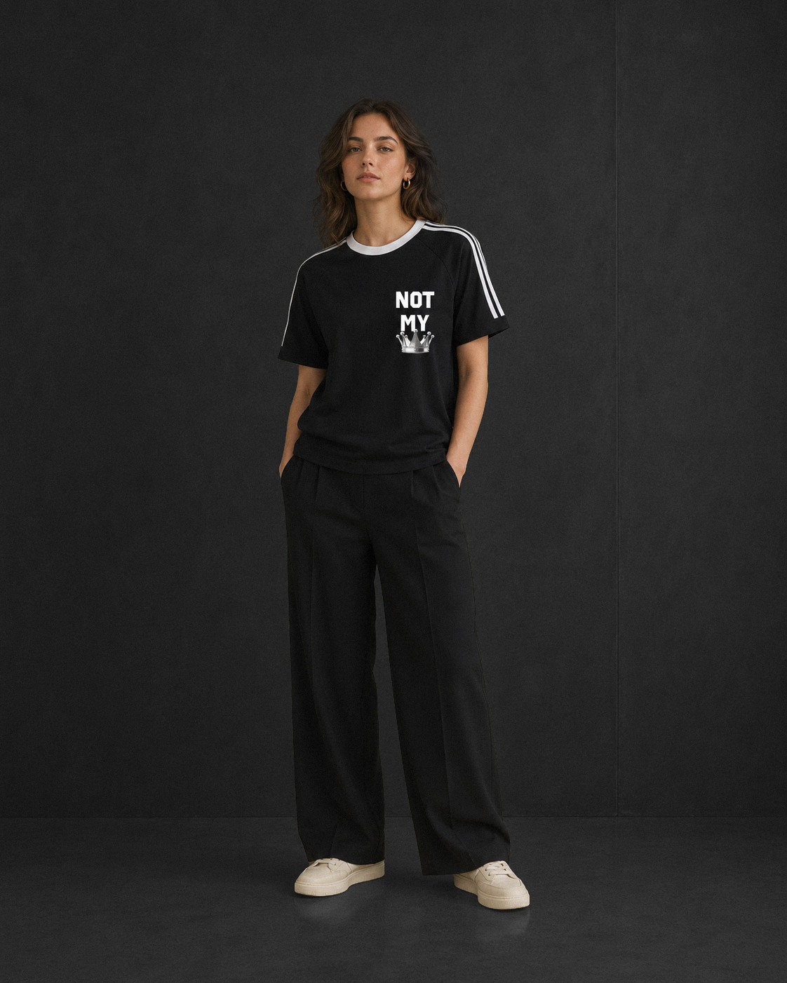 Not My tee, black, studio shot of model wearing the regular-fit tee