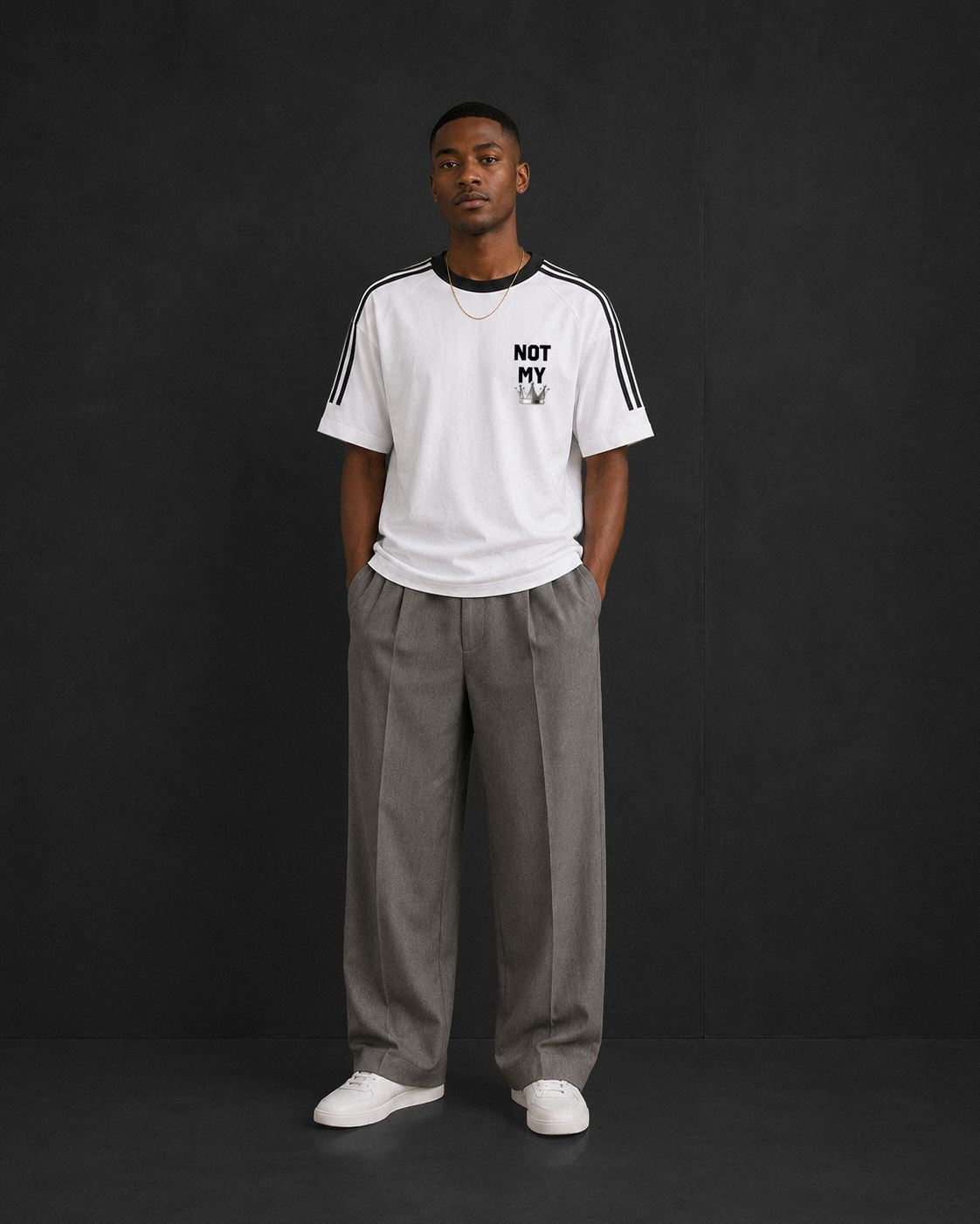 Not My tee, white, studio shot of model wearing the regular-fit tee