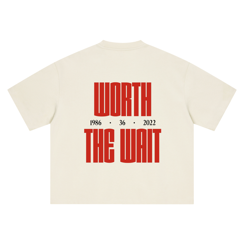 We Can tee, cream, ghost product shot showing Worth The Wait 1986 36 2022 back print, back product shot