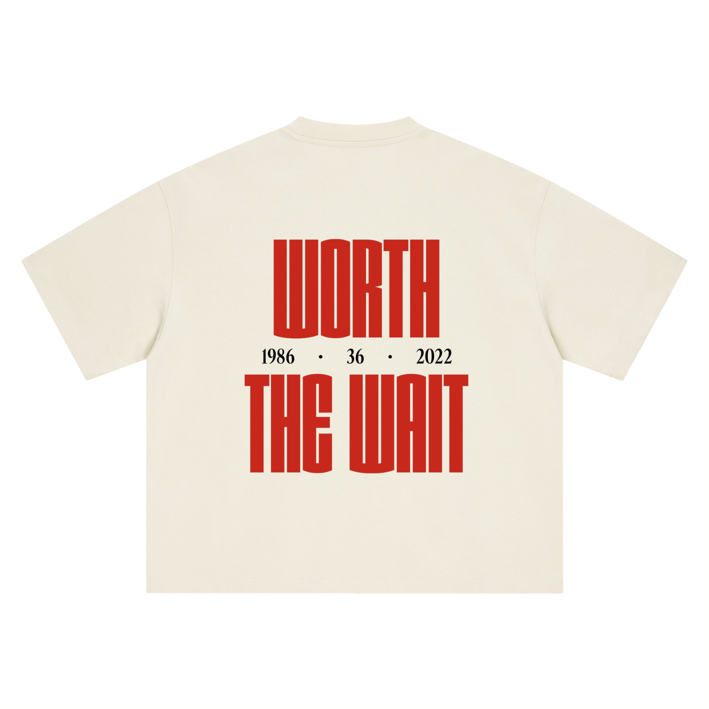We Can tee, cream, ghost product shot showing Worth The Wait 1986 36 2022 back print, back product shot